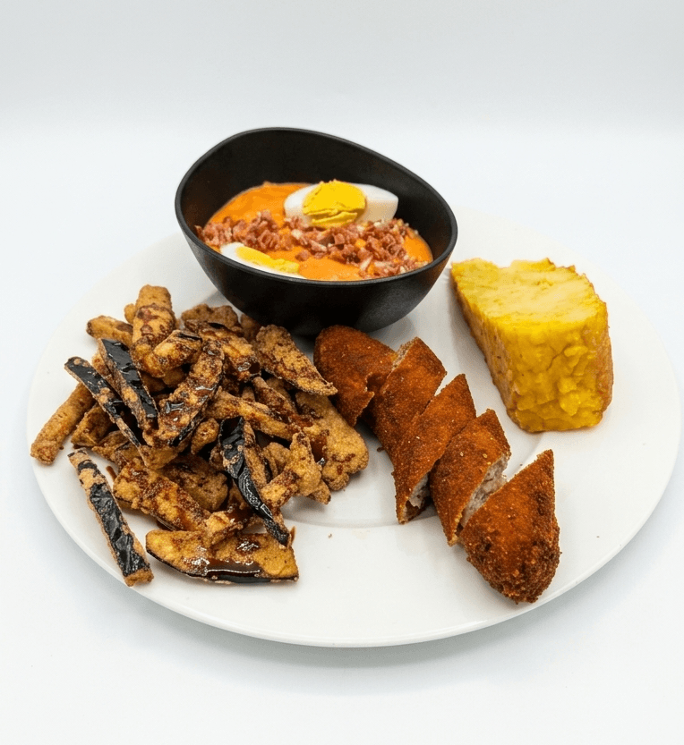 Combinado de tapas con salmorejo, flamenquín, berenjenas con miel y tortilla en Bar El Pozo